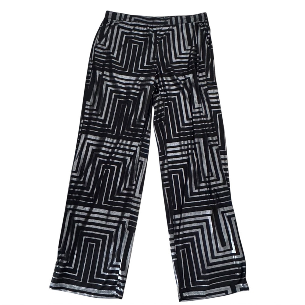 New Directions Size M Black/Silver Geometric Wide Leg Pull-On Fully Lined Pants - Picture 1 of 6